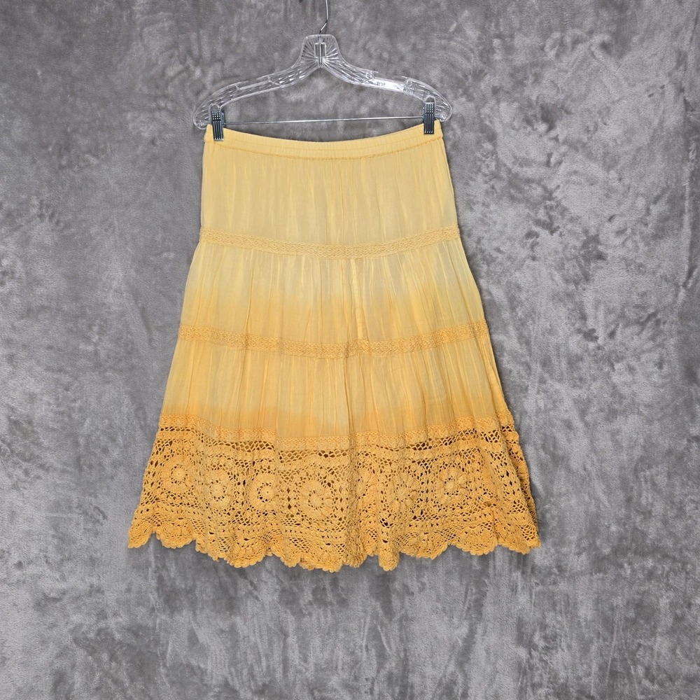 Shanti Midi Skirt Women M-L Ombre Yellow Cotton Crochet Lace Tiered Boho Cottage